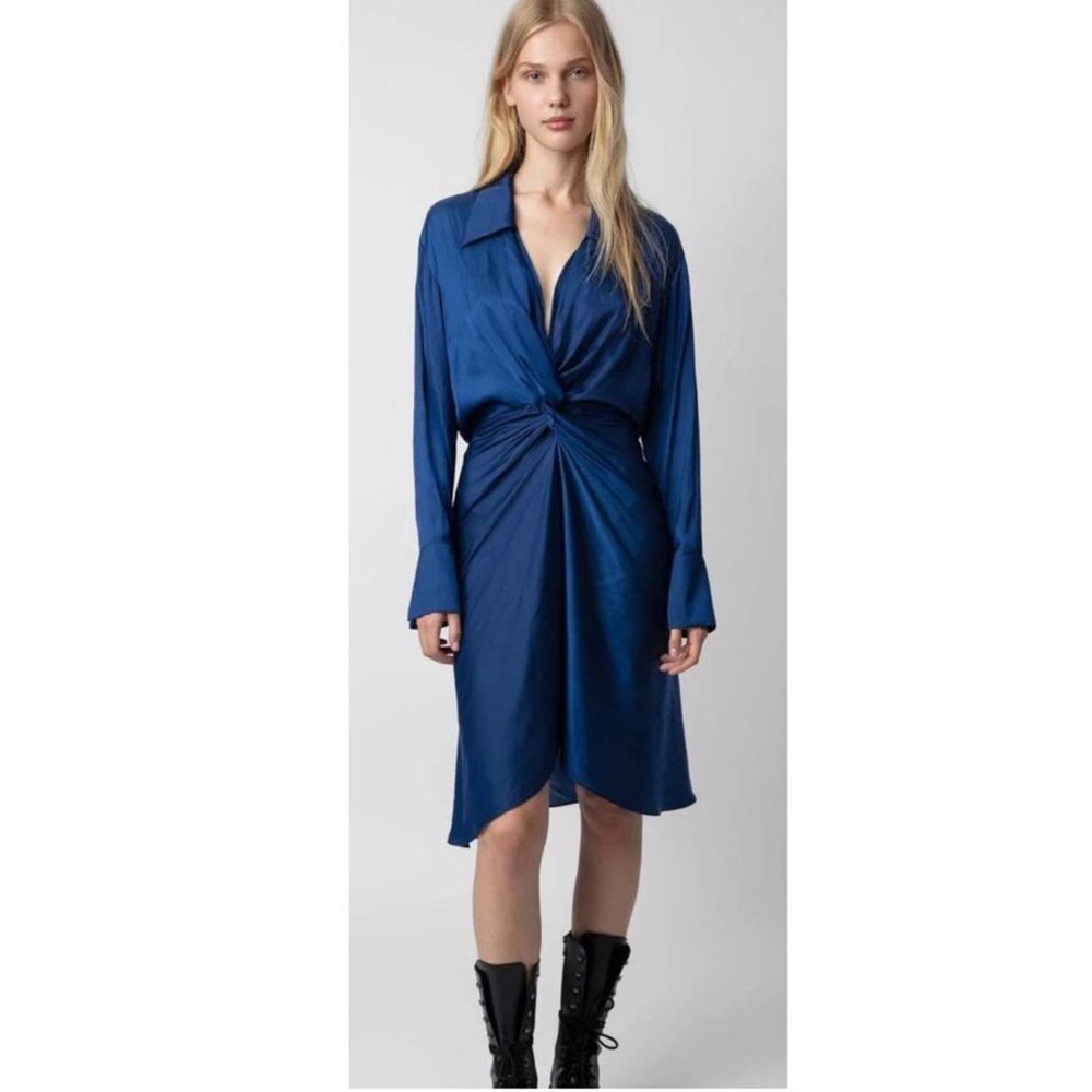 $475 Zadig & Voltaire NWT Rozo Twist Front Satin Dress Blue XS